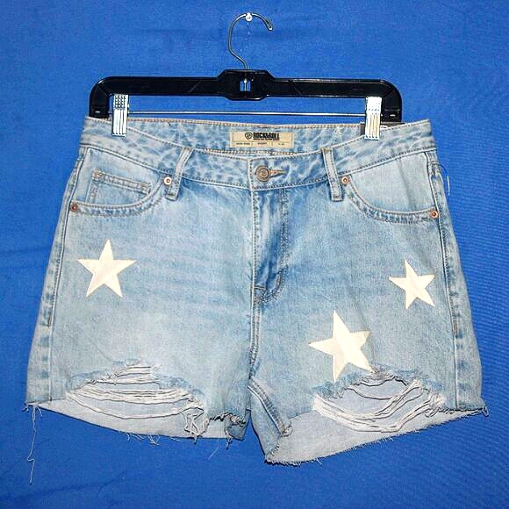 Rock & Roll Denim Star Distressed Denim Shorts Blue NWT